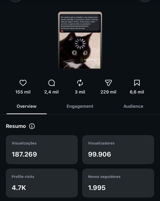 Painel do post: 187.269 visualizações, 99.906 visualizadores, 4,7 mil visitas ao perfil e 1.995 novos seguidores